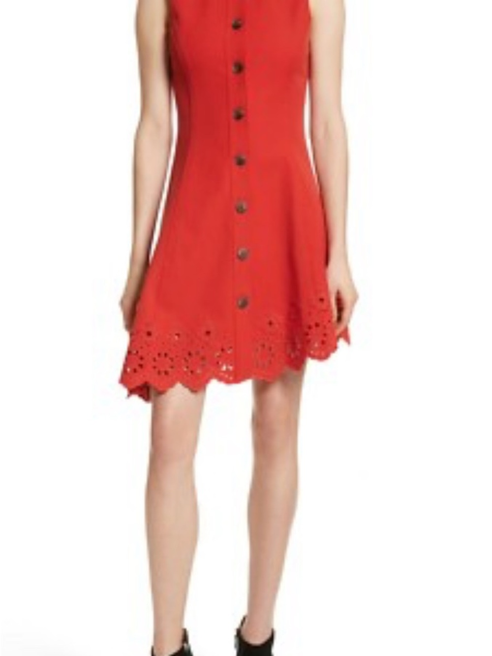 Derek Lam Red Sleeveless Button-Front Midi Dress with Eyelet Hem